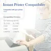 A woman is holding a tablet and looking at a printer, with text about printer compatibility. Produktbild-Vorschau