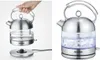 Two images of a glass and stainless steel electric kettle. The left image shows it being placed on its power base, and the right image shows the kettle boiling water. Produktbild-Vorschau