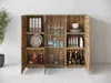 A wooden cabinet with glass doors displaying various items like dishes, glasses, and bottles. Voir les images du produit