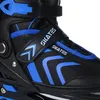 A close-up view of a black and blue roller skate. Voir les images du produit