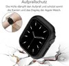 A black Apple Watch case is shown in a dynamic pose, appearing to fall and crack a surface, with a smaller inset image showing the watch on a wrist. Produktbild-Vorschau
