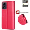 A red flip case for a smartphone, shown open and closed, with marketing text and logos. Produktbild-Vorschau