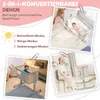 Collage of images showing a 3-in-1 convertible baby bed in different modes and settings. Produktbild-Vorschau