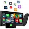 A car stereo system with various app icons floating above it, and a smartphone displaying Apple CarPlay. Produktbild-Vorschau