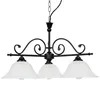 A black chandelier with three white frosted glass shades, suspended by a chain against a white background. Produktbild-Vorschau