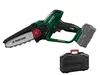 A cordless chainsaw and its carrying case are displayed against a white background. Produktbild-Vorschau