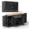 Two views of a black sideboard cabinet with a wooden top, showing dimensions and internal compartments. Produktbild-Vorschau