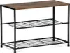 A three-tiered shoe rack with a wood-effect top shelf and black metal frame. Náhled obrázku produktu