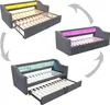 A collage showing a sofa bed in different configurations, with different LED light colors. Voir les images du produit