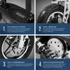 A collage of four close-up images of an electric scooter, each highlighting a specific feature with accompanying text. Náhled obrázku produktu