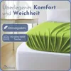 A close-up of a green fitted sheet draped over a white mattress, with text overlays highlighting product features. Produktbild-Vorschau