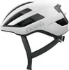 A white bicycle helmet with gray accents and straps, shown from a side angle against a white background. Produktbild-Vorschau