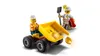 Two LEGO minifigures are shown with a yellow LEGO dump truck. One minifigure is driving the truck, and the other is standing behind it, holding a shovel and a red object. Produktbild-Vorschau