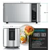 A toaster with dimensions and features listed, alongside a breakfast plate. Voir les images du produit
