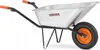 A silver wheelbarrow with black handles and legs, and an orange wheel, is shown against a white background. Podgląd zdjęcia produktu
