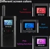 A collage of images showing a black walkie-talkie and close-ups of its screen displaying different colors (red, blue, pink) with text overlays describing features and functions. Náhled obrázku produktu