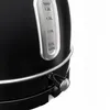 A close-up view of a black electric kettle, focusing on the water level indicator and the power switch. Produktbild-Vorschau