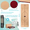 A collage of images showcasing a yoga mat and its accessories, with dimensions and features highlighted. Produktbild-Vorschau