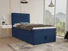 A bedroom scene with a blue boxspring bed, a nightstand, and a large window with a mountain view. Produktbild-Vorschau
