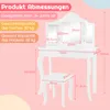 A white children's vanity table and stool with dimensions and weight capacity information displayed. Anteprima dell’immagine prodotto