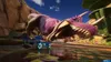 A purple dinosaur is chasing a blue and white race car on a dirt track with large cacti and rock formations in the background. Produktbild-Vorschau