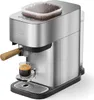 A stainless steel espresso machine with a wooden handle, brewing a shot of espresso into a glass. Voir les images du produit