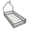 A grey wooden house-shaped bed frame with a slatted base, shown from a diagonal top-down perspective against a white background. Anteprima dell’immagine prodotto