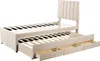 A beige upholstered bed frame with a pull-out trundle bed and three drawers underneath, shown against a white background. Náhľad obrázku produktu