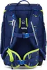 The back view of a blue backpack with green accents and a geometric pattern. Produktbild-Vorschau
