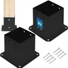 Two black metal post bases are shown, one with a wooden post inserted, and a set of screws. Náhled obrázku produktu