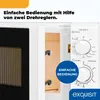 Close-up view of a white microwave oven with its door open, showing the interior and control panel with two rotary knobs. Produktbild-Vorschau