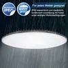 A large, circular LED light fixture is shown hanging in a dark, rainy environment, emphasizing its outdoor and waterproof capabilities. Produktbild-Vorschau