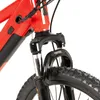 Close-up of the front fork and wheel of a red and black electric bicycle. Produktbild-Vorschau