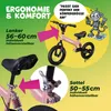 A marketing image for a pink children's balance bike, highlighting its ergonomic features and adjustable components with text and arrows. Produktbild-Vorschau