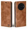 A brown leather flip case for a smartphone, shown from the front and back. Produktbild-Vorschau