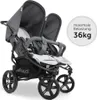 A Hauck Roadster Duo SLX double stroller in grey and silver is shown against a white background. A circular graphic on the right side of the image displays text indicating maximum load. Produktbild-Vorschau