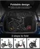 A foldable electric bike is shown inside the trunk of a car, with three steps to fold illustrated below. Produktbild-Vorschau