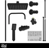A collection of black matte shower fixtures laid out on a white background, along with an instruction manual. Produktbild-Vorschau