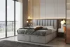 A bedroom scene with a bed, nightstand, and large window. Voir les images du produit