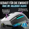 A white gaming mouse with RGB lighting is shown on a dark, reflective surface. Text overlays highlight product features and durability. Produktbild-Vorschau