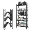 A product image showing two black metal shelving units. One is folded and the other is assembled and filled with kitchen appliances. Produktbild-Vorschau