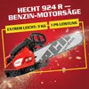 A red and black chainsaw is shown against a red background with wood chips flying around it. Produktbild-Vorschau