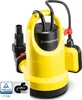 A yellow and black submersible pump with a float switch and hose adapter, shown against a white background. Certification logos are visible in the lower left corner. Produktbild-Vorschau