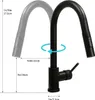 A black kitchen faucet with dimensions indicated by measurement lines and text. Náhled obrázku produktu