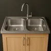 A double basin stainless steel sink with a faucet mounted on top of a wooden cabinet. Podgląd zdjęcia produktu