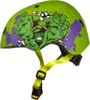 A green bicycle helmet with a Hulk graphic and yellow straps. Produktbild-Vorschau