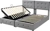 A gray upholstered bed frame with a lift-up storage compartment and slatted mattress support is shown against a white background. Náhľad obrázku produktu