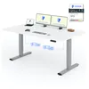 A white adjustable desk with dual monitors, a laptop, a keyboard, a mouse, and a controller, with diagrams of the desk's lifting mechanism. Anteprima dell’immagine prodotto