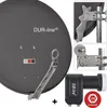 A satellite dish and LNB are displayed against a white background, with close-up insets showing mounting details. Produktbild-Vorschau