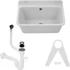 A white sink basin with plumbing parts and mounting brackets against a white background. Produktbild-Vorschau